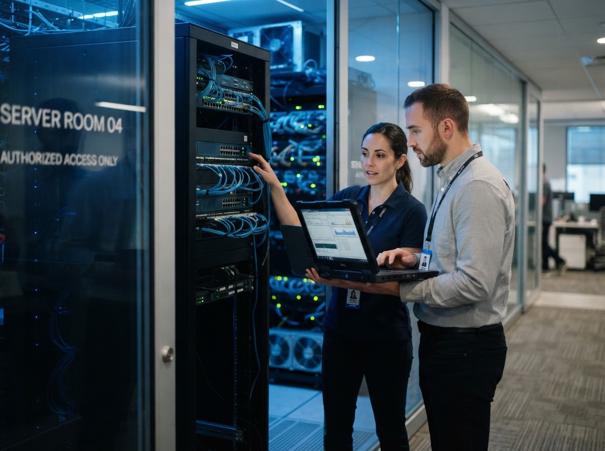 Two SorceIO engineers reviewing network equipment on site