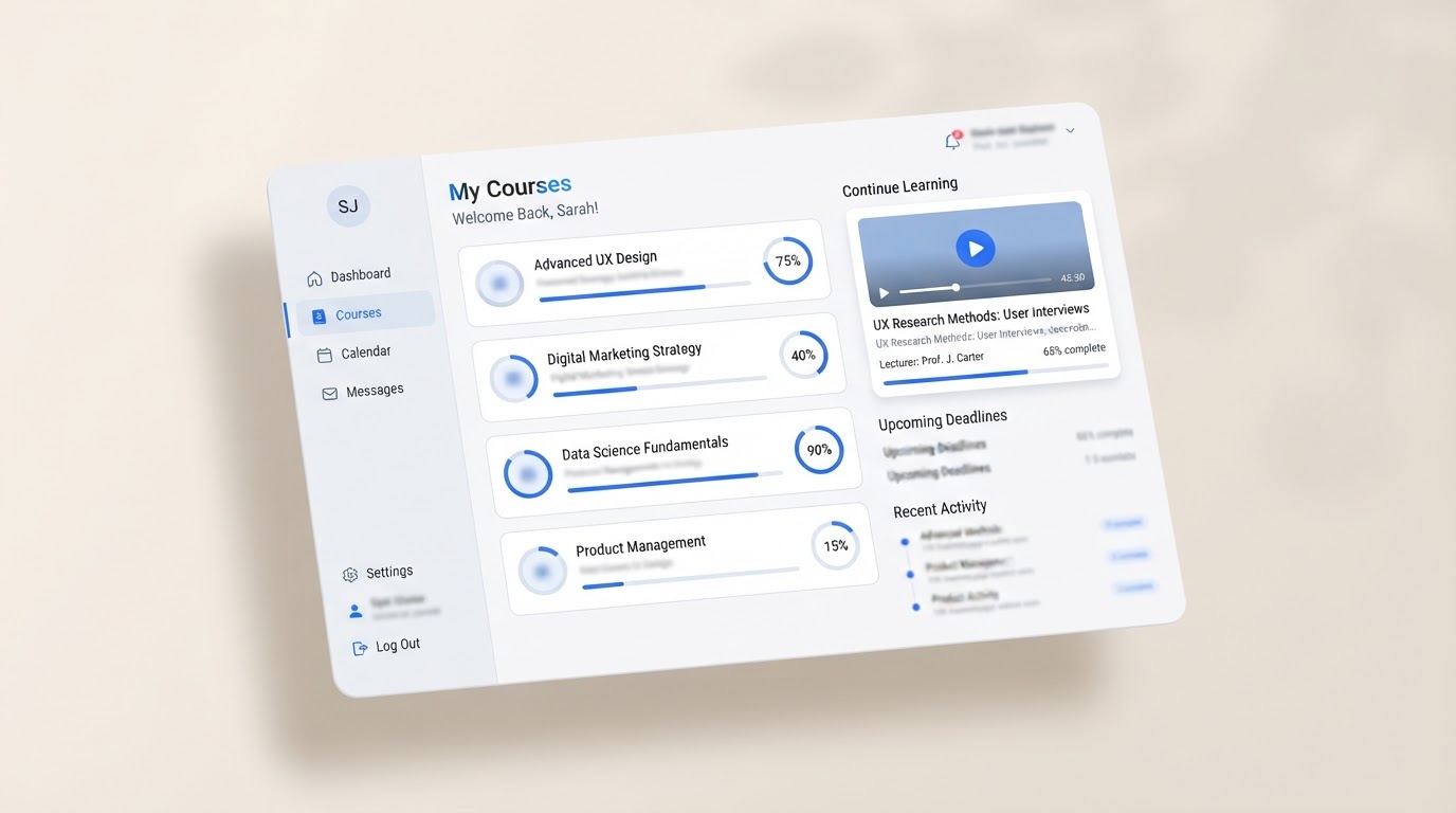 Screenshot of a learning management system dashboard with course progress and lesson cards