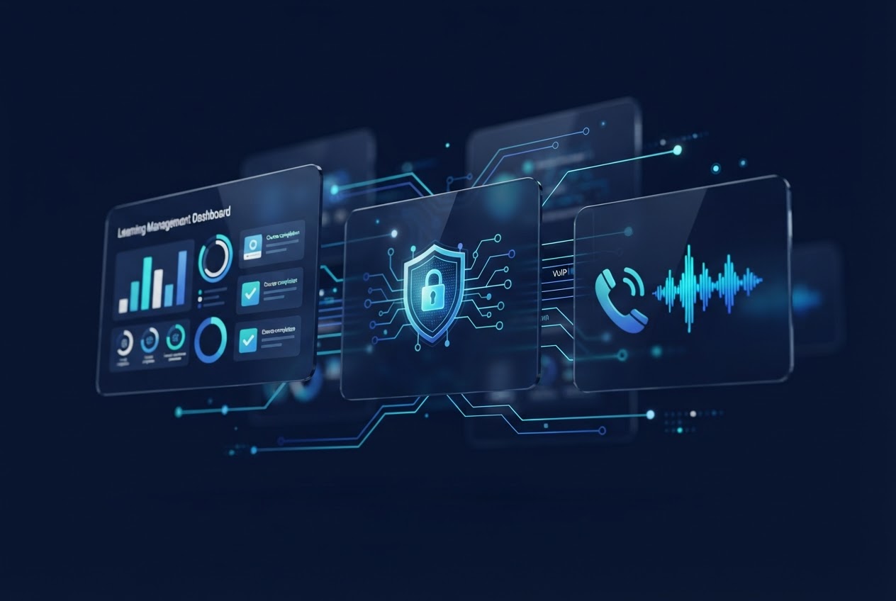 Illustration of a learning dashboard, a security shield and a VoIP call waveform connected on one network